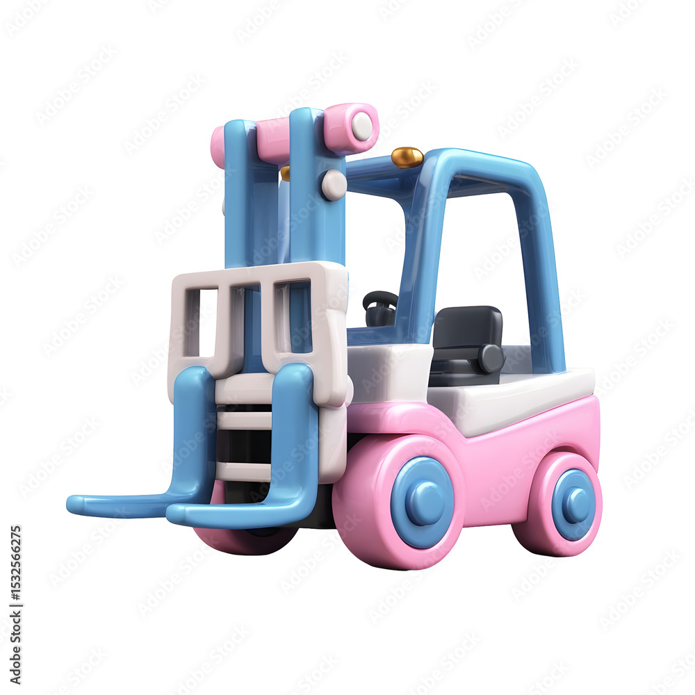 Obraz premium Charming 3D of a playful blocky forklift toy in a soft blue and pink color scheme with simple geometric shapes and wheels