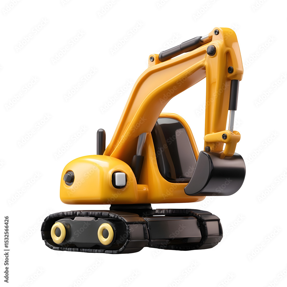 Fototapeta premium Compact yellow excavator with long articulating arm and bucket for digging and construction work simplified 3D geometric design