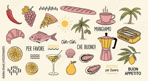 Italian Cuisine and Mediterranean Food Illustration for Menu Design and Recipe Card