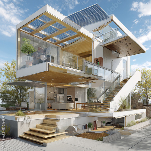 A Modern house with solar panels, glass walls, and wooden deck