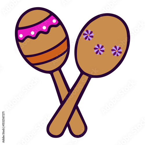 A vibrant vector illustration of two crossed maracas, one adorned with pink and orange stripes, the other with purple flowers, showcasing a playful and festive design ideal for Day of the Dead cele...