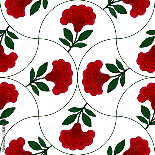 Seamless vector pattern with stylized cresta de gallo red flowers and green leaves arranged in a curved, repeating design on a white background, creating an elegant and sophisticated floral texture.