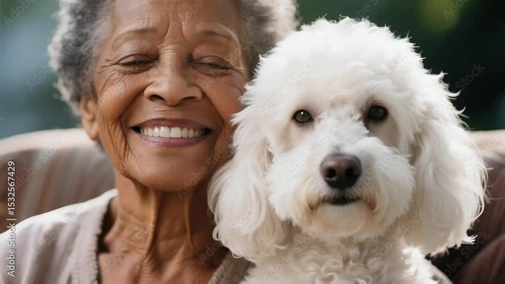 Anciana afroamericana y su perro poodle Anciana afroamericana y su perro poodle