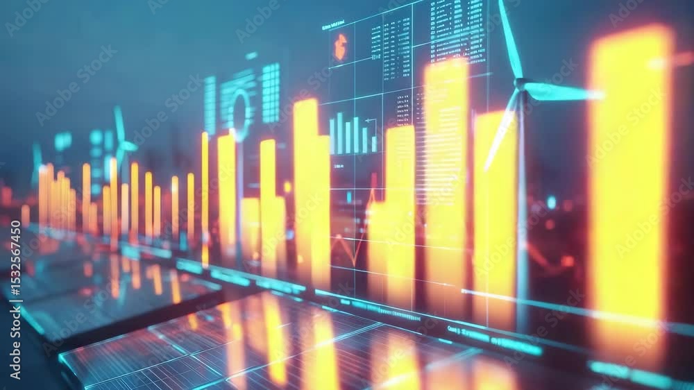Futuristic dashboard displays wind turbines and graphs, representing clean energy data and analytics in a digital environment. Futuristic dashboard displays wind turbines and graphs, representing clean energy data and analytics in a digital environment.
