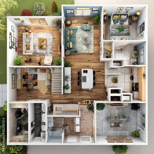 An Aerial view of modern house layout featuring multiple rooms, including living room, kitchen, and dining area, surrounded by greenery, creating cozy atmosphere