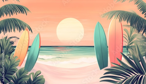 Surfboards on a tranquil beach at sunset.