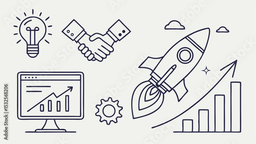Illustration of shopping cart, monitor with graph, barcode scanner, pie chart, and bag with graph design