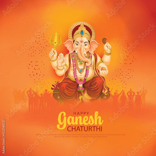 Vector illustration of lord ganpati for happy Ganesh Chaturthi festival of India. Celebration background design with people.