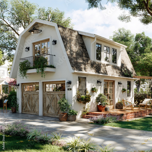A charming two story house with gabled roof, featuring cozy porch, wooden garage doors, and lush greenery. inviting exterior showcases blend of modern and rustic elements, perfect for serene