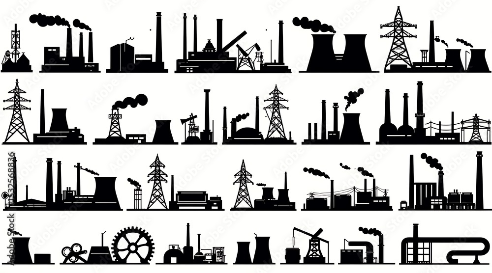 Naklejka premium Industrial silhouettes of factories and power plants