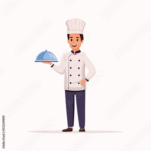 Flat vector illustration of a cheerful chef character wearing a white uniform and hat, holding a serving tray, representing culinary arts, cooking, and hospitality