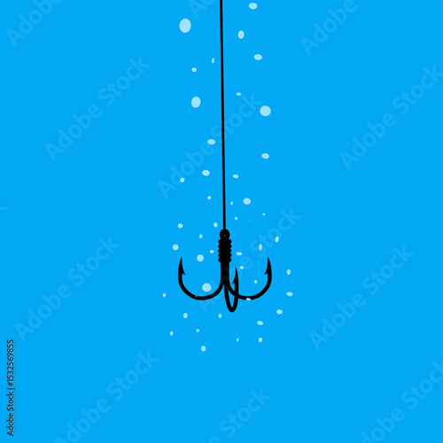 Vector illustration of fishing hook in the water on blue sea background with water bubbles. Concept of fish trap in the sea.