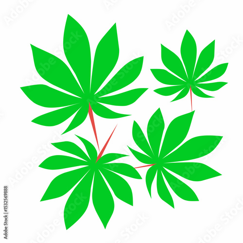 Vector illustration of green cassava leaves collection with stalks isolated on white background.