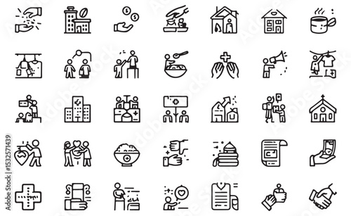 Collection of charity and helping icons illustrating concepts of donation and support