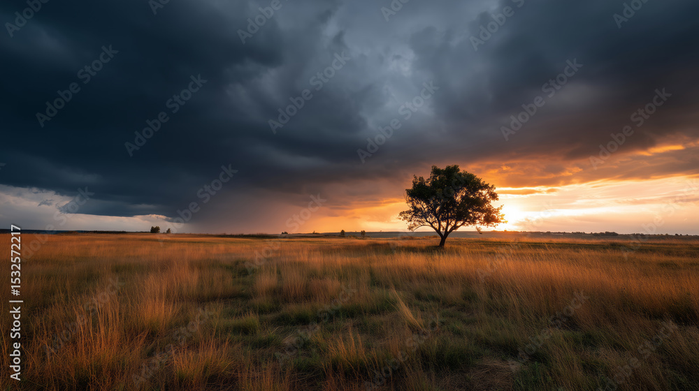 Lone tree under dramatic stormy sky across vast golden grassland Lone tree under dramatic stormy sky across vast golden grassland