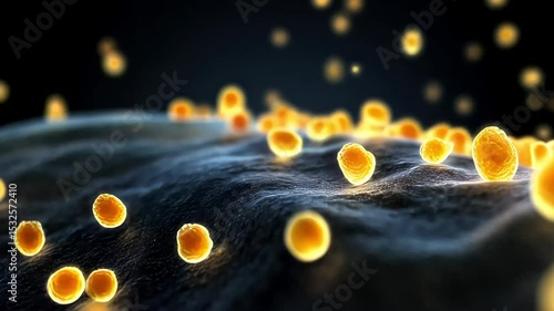 Golden microorganisms gently undulate across a textured surface