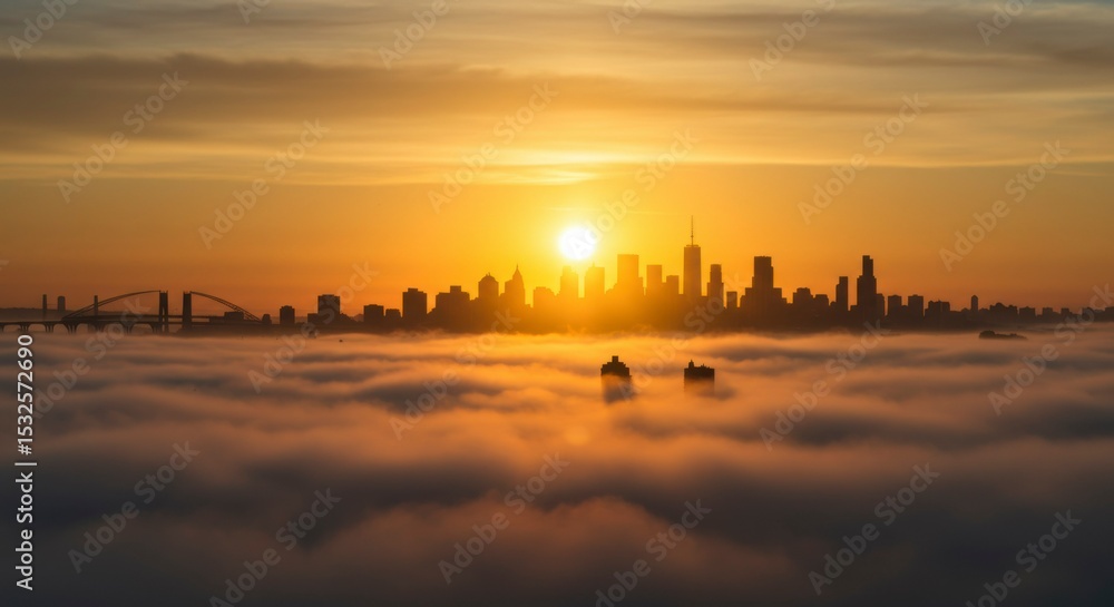 Obraz premium City skyline rising above a sea of clouds at sunrise (1)