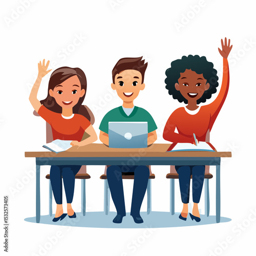 Flat vector of three diverse students sitting at desks, one raising hand and another taking notes, depicting inclusivity, education, and classroom participation