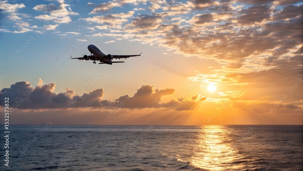 Airplane Taking Off at Sunset Over Ocean, Dramatic Sky Airplane Taking Off at Sunset Over Ocean, Dramatic Sky