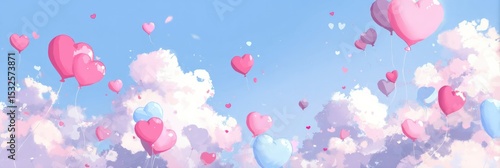 Romantic Valentine's Day Abstract Background: Floating Hearts and Balloons in Soft Pink and Blue Hues. Dreamy Digital Art Design for Love-themed Banners, Posters, and Greeting Cards with Space for Tex