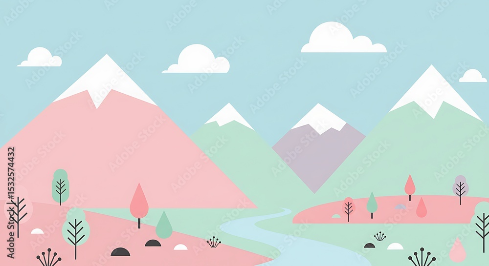 A serene and colorful mountain landscape illustration featuring soft pastel shades, snow-capped peaks, and a winding river flowing through hills and stylized trees. A serene and colorful mountain landscape illustration featuring soft pastel shades, snow-capped peaks, and a winding river flowing through hills and stylized trees.