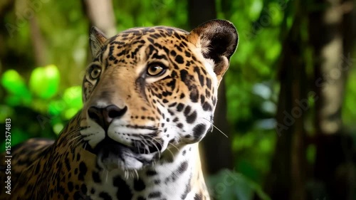 Close-up portrait of a wild jaguar with its spotted coat and piercing eyes in a lush jungle habitat with dense green foliage.