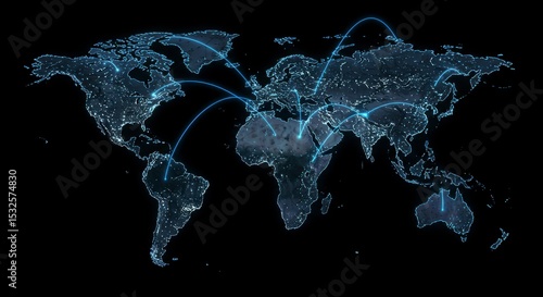 Global network connections visualized on a world map, highlighting interconnectivity across continents