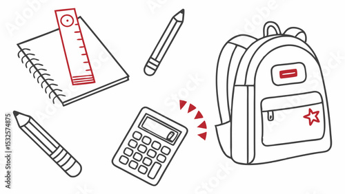 Illustration of school supplies including a backpack, pencils, calculator, ruler and notebook nicely arranged