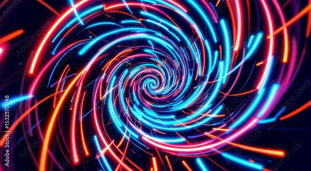 Dynamic movement of swirling ribbons of light with a neon glow, creating a hypnotic spiral