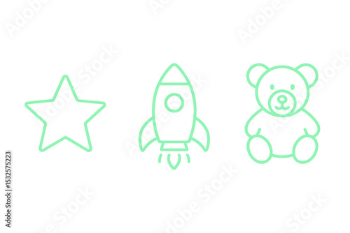 Neon outlines: star, rocket, teddy bear on green background