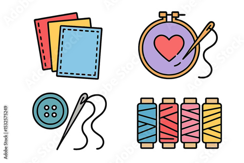 Colorful sewing icons: fabric, embroidery hoop, button, needle, thread