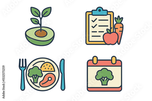 Healthy eating icons: plant, checklist, balanced meal, diet plan