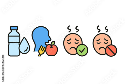 Hydration and nutrition icons for healthy eating and wellness tips