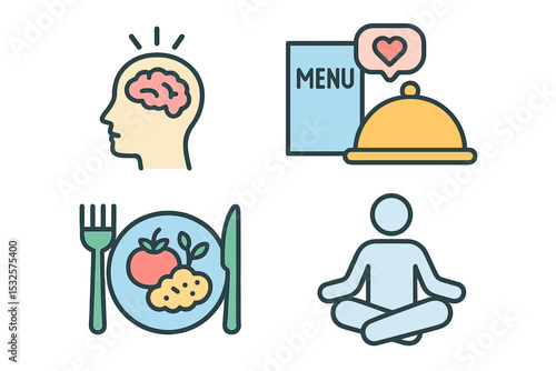 Healthy living icons: brain, meal, meditation, menu