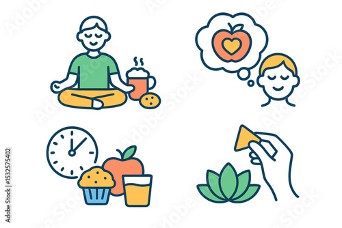 Healthy lifestyle symbols: meditation, nutrition, mindfulness, and time management