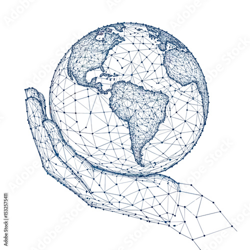 Abstract low poly digital hand holding Earth globe wireframe with connected dots and lines representing South and North America continents in minimalist style