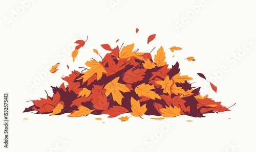 Pile of colorful autumn leaves with red orange and yellow foliage isolated on white background in flat minimalist vector style for seasonal fall design