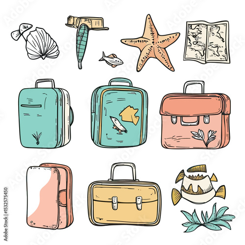 Hand drawn travel luggage suitcase map starfish seashell fish plants flat minimalist vector set for summer vacation adventure icons and sketch elements collection