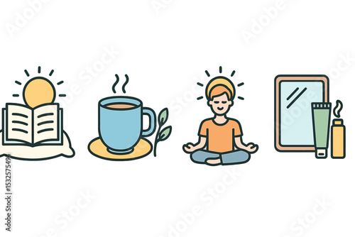 Morning routine symbols: open book, coffee mug, meditation, self-care icons