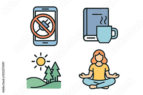 Digital detox icons: meditation, nature, no-phone, coffee, relaxation