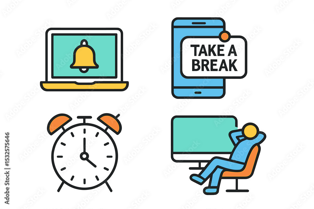 Digital relaxation symbols: bell, take a break, clock, relaxing person Digital relaxation symbols: bell, take a break, clock, relaxing person