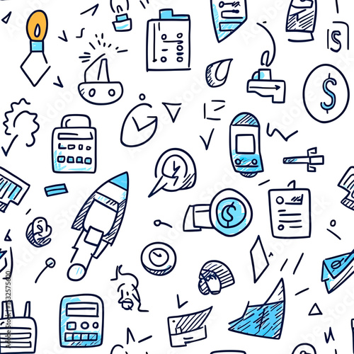 Seamless business doodle pattern with rocket, calculator, document, clock, ship, pie chart, money, and office icons in flat minimalist line sketch style vector illustration background
