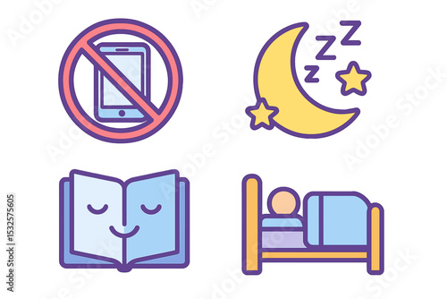 Nighttime routine icons: no phone, sleep, reading, rest