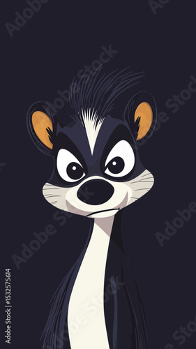 Angry cartoon skunk character with expressive eyes and fluffy fur in flat minimalist vector style on dark background animal illustration for shirt design or print