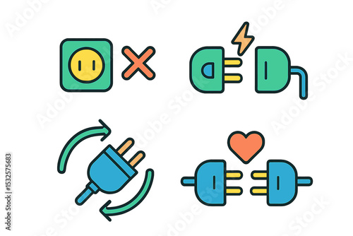 Electrical plug and socket icons with symbols for connection and disconnection