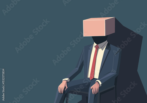 Depressed businessman wearing box on head sitting on chair with shadow isolated on dark background minimalist vector concept of failure anxiety and social pressure in business environment