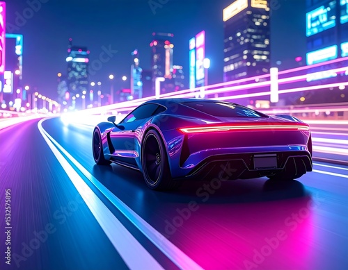 Futuristic car on a vibrant city street at night