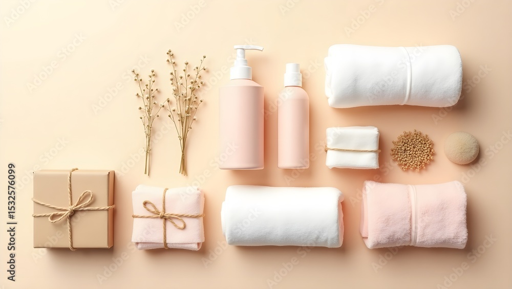 Obraz premium Elegant spa product flat lay, with some enhancements to make it even more captivating and luxurious