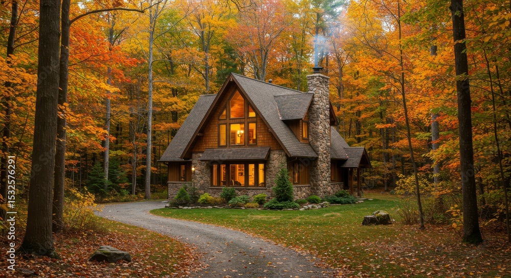 Autumn cabin nestled in a forest Autumn cabin nestled in a forest