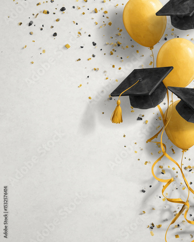 Minimal Graduation Border with Yellow Balloons, Caps & Confetti on Right